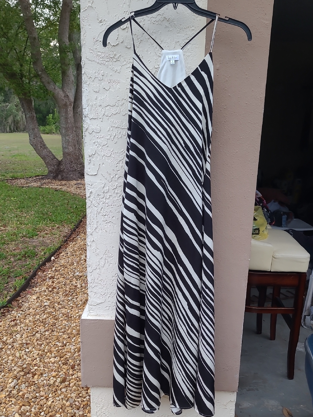 Nicole Miller Dress Maxi Long Sleeveless  Striped Spaghetti Satin Silk